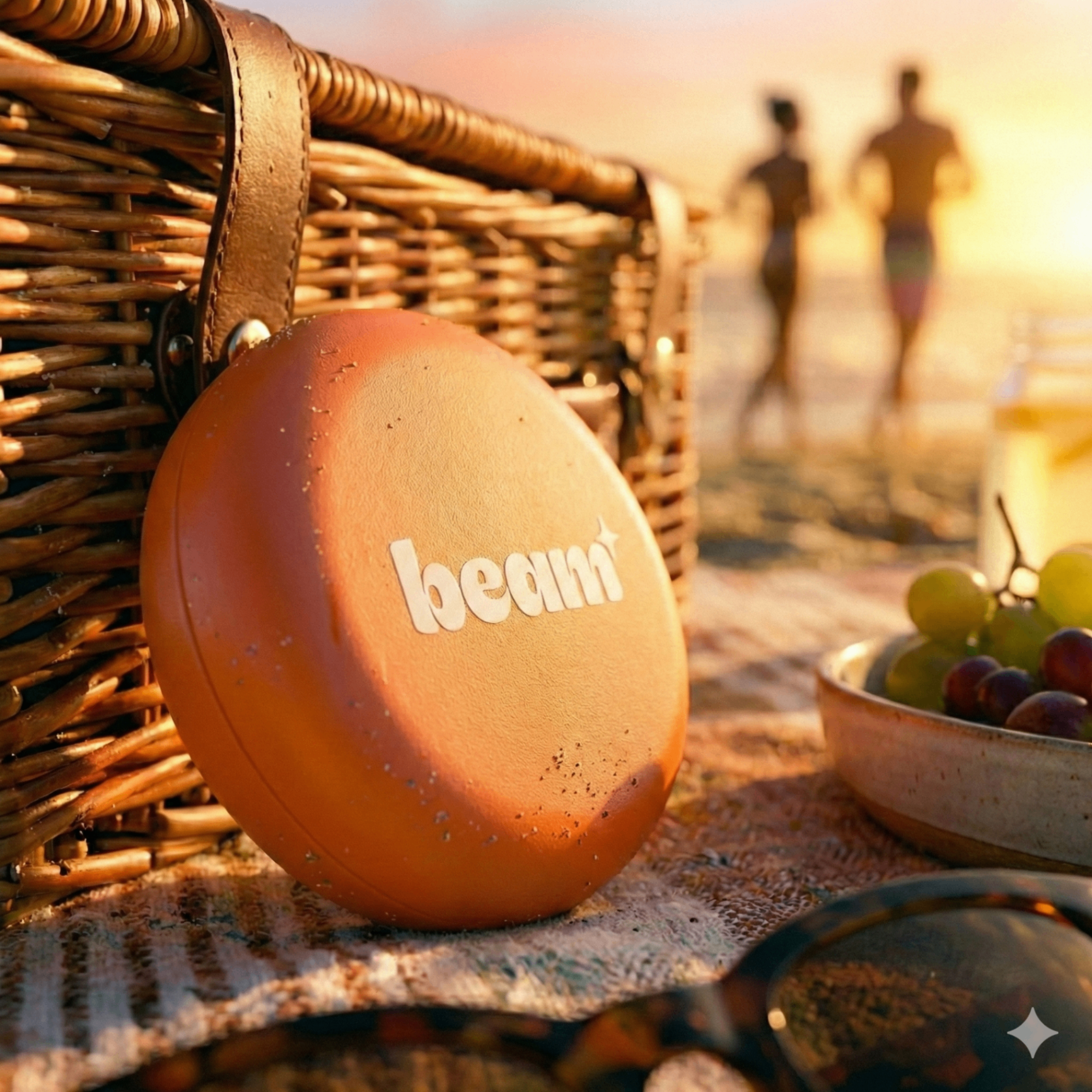 A beam aligner case resting against a picnic basket on the beach at golden hour